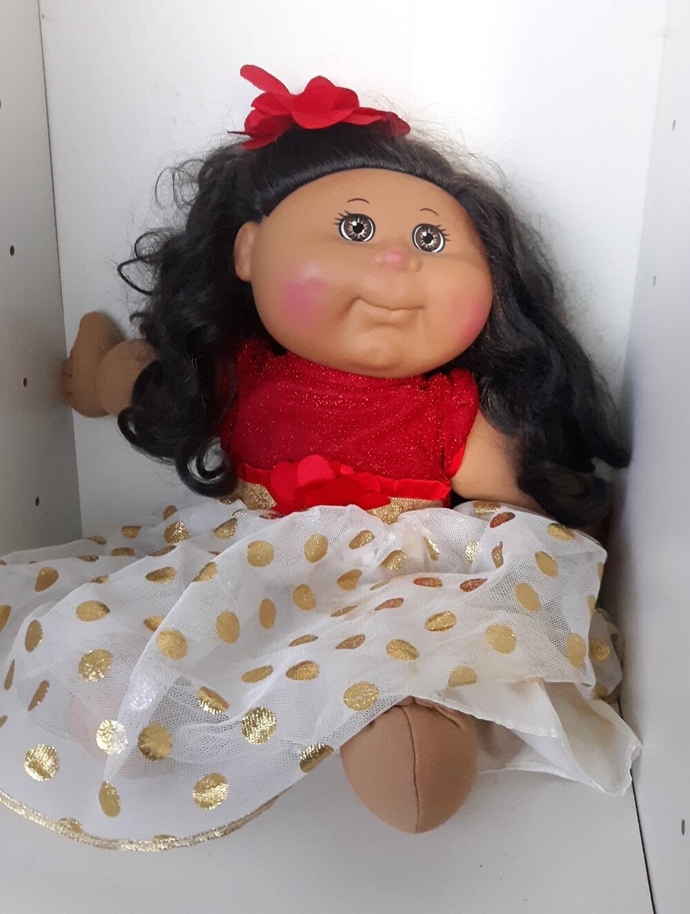 Cabbage Patch Kids Holiday Edition Doll Red Gold Dress Black Hair 14"